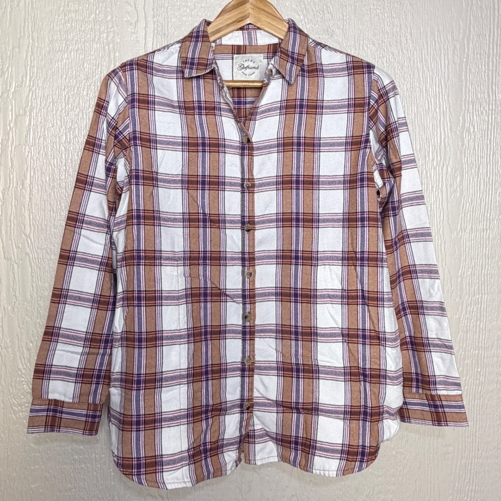 Jachs Girlfriend Womens Small Plaid Flannel Button Up Shirt Purple Tan White